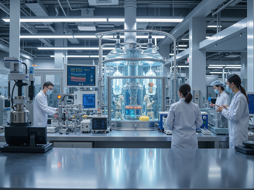 Modern laboratory facility with advanced equipment and professional staff working on CBD vape product development, clean white walls and blue lighting environment