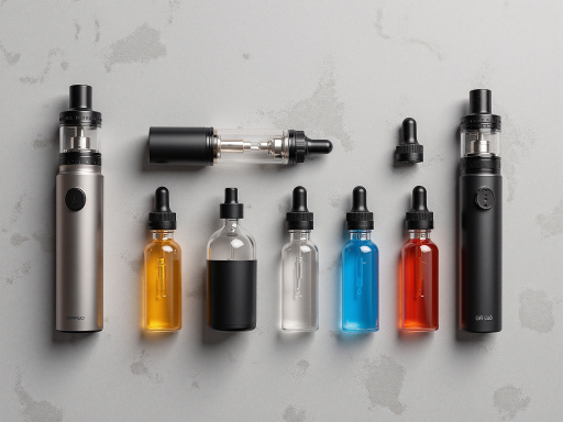 CBD vape accessories including charging cables, replacement coils, cleaning tools, organized on clean white surface