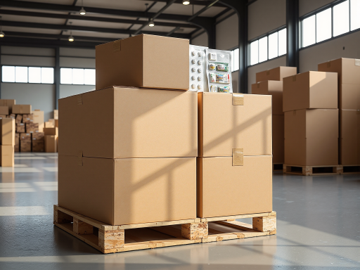 Bulk CBD vape products arranged in warehouse setting, pallets of boxes, professional storage environment